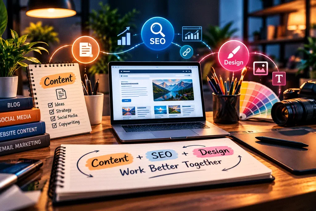Content writing, SEO and graphic design working together to improve digital marketing results