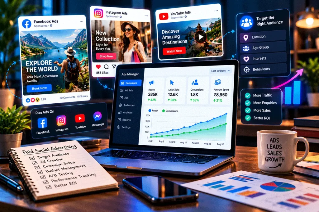 Paid social media advertising with audience targeting, campaign management and performance tracking