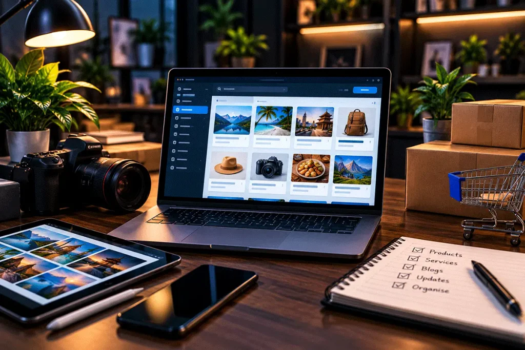 Product and content management for organising website products, services, blogs and digital content