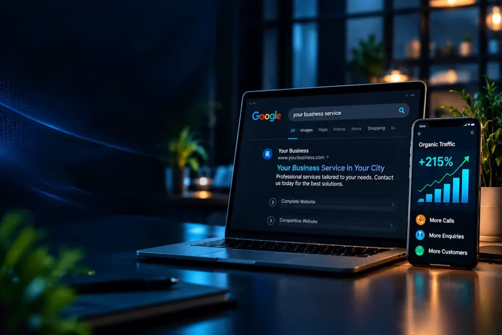 Professional SEO services showing Google search visibility and organic traffic growth for businesses