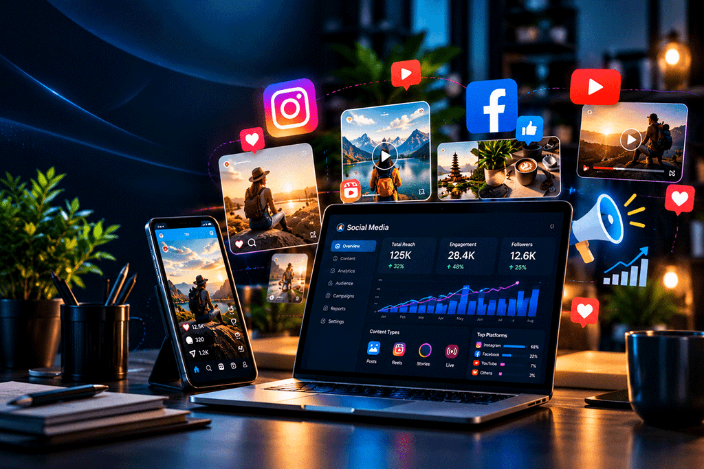 Social media marketing strategy with content creation, audience engagement and performance analytics