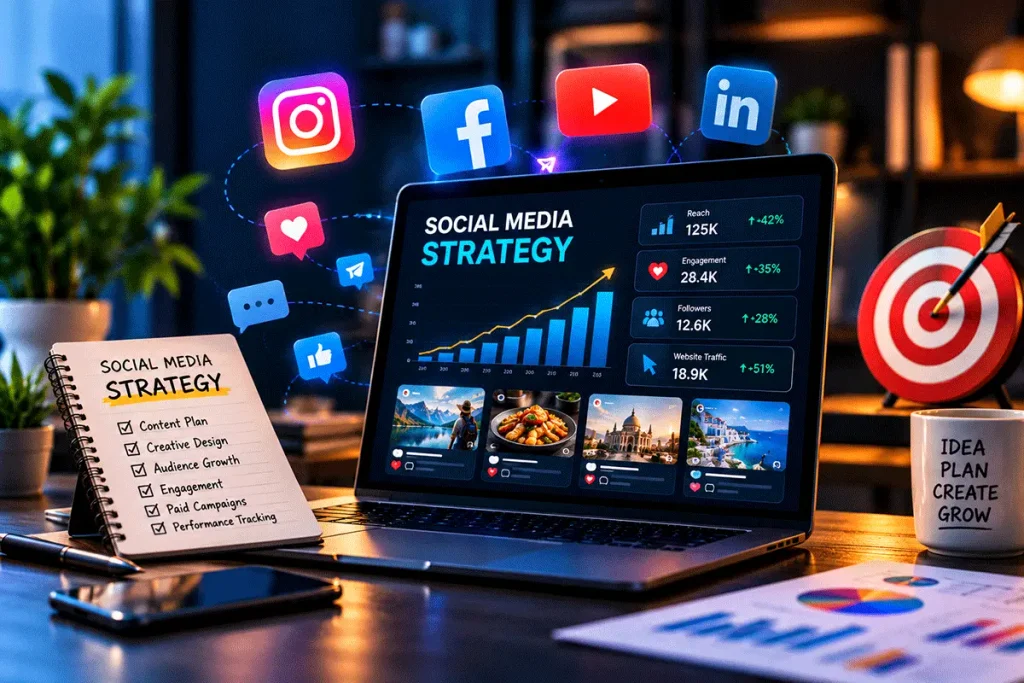 Social media strategy planning for content, audience engagement and business growth
