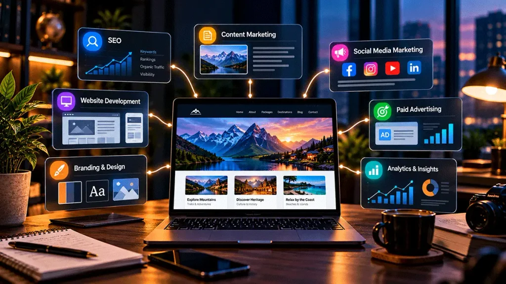 Business website connected with SEO, content, social media, advertising, branding and analytics