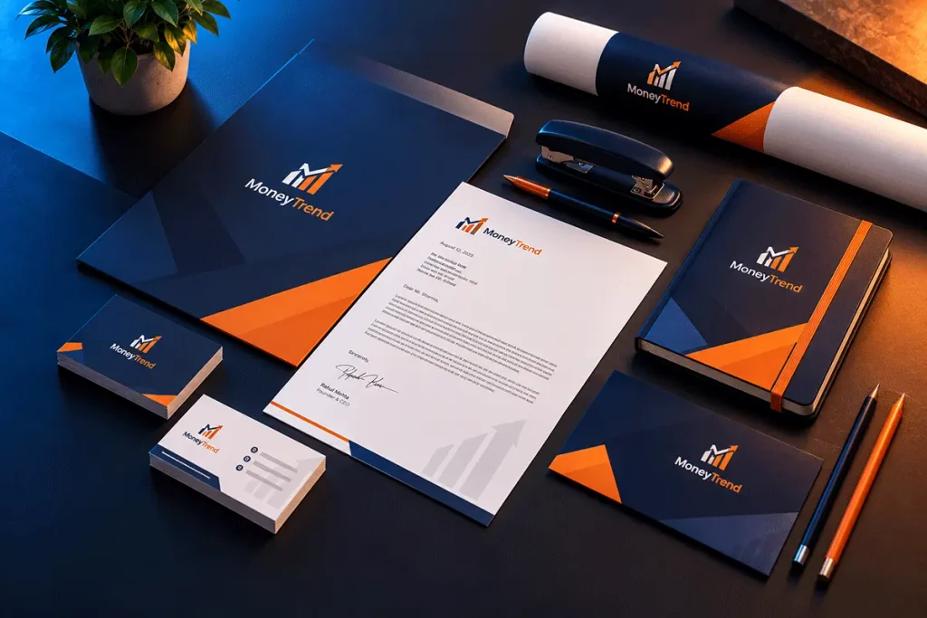 Coordinated business branding materials featuring consistent colours, typography, logo designs and stationery