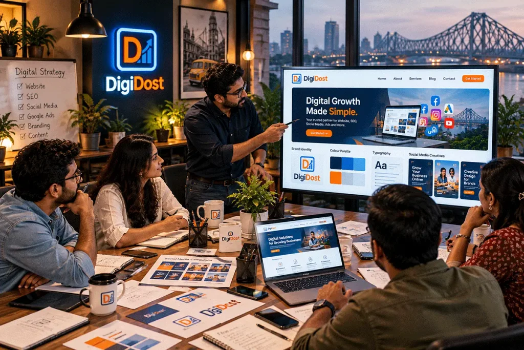 Indian digital marketing professionals reviewing coordinated branding across a website, social media and advertising campaigns