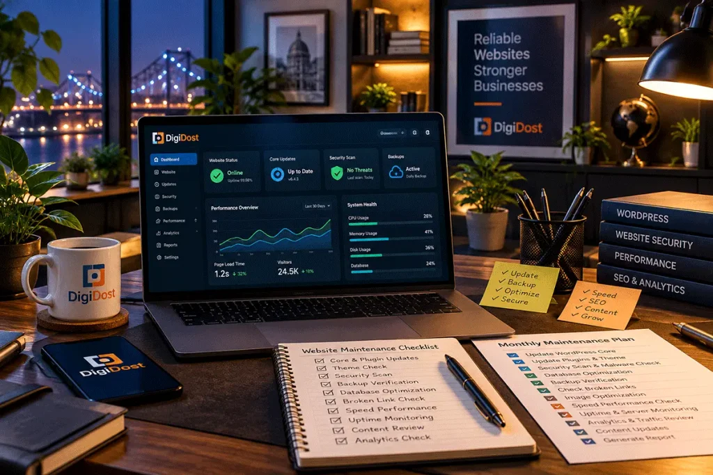 Website maintenance desk featuring a laptop, technical checklist, notebook and digital monitoring dashboard