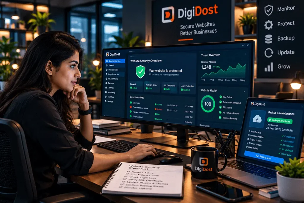 Indian cybersecurity professional reviewing website security settings and server monitoring dashboards