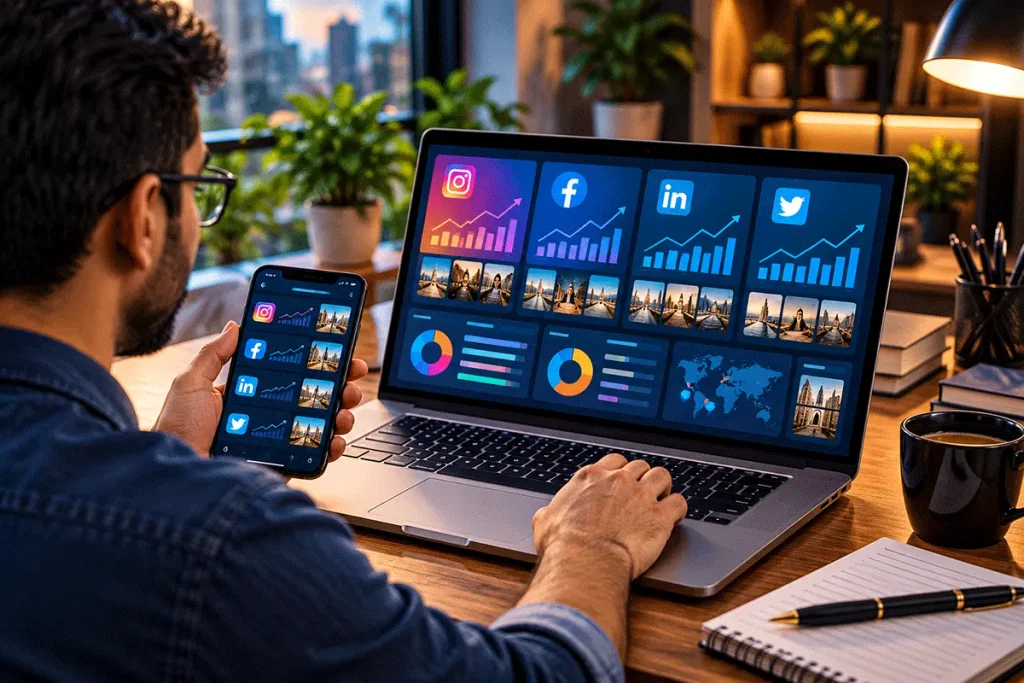 Small business owner exploring different social media platforms on a laptop and smartphone to plan an effective marketing strategy.
