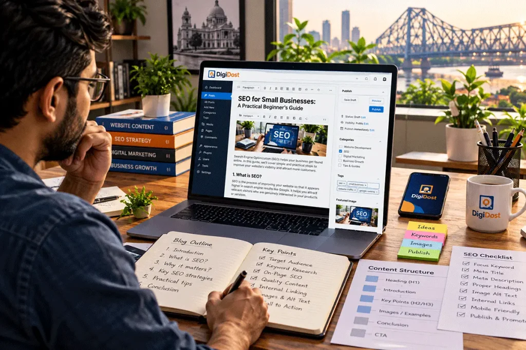 Laptop displaying a well-organised website article with clear headings, short paragraphs and supporting images.