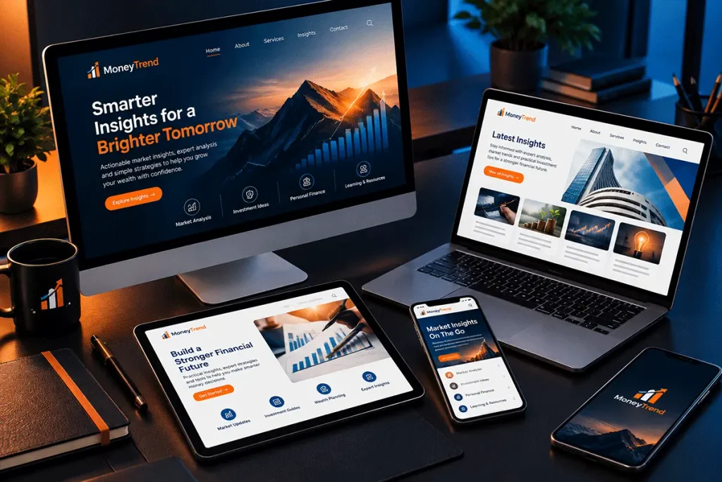 Desktop computer and smartphone displaying coordinated website and social media branding across digital platforms