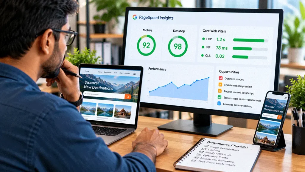 Indian web developer analysing website performance, mobile and desktop speed scores, and Core Web Vitals.