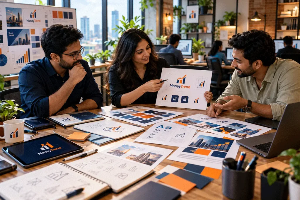Indian creative team reviewing a brand style guide with approved logos, colour palettes and typography samples