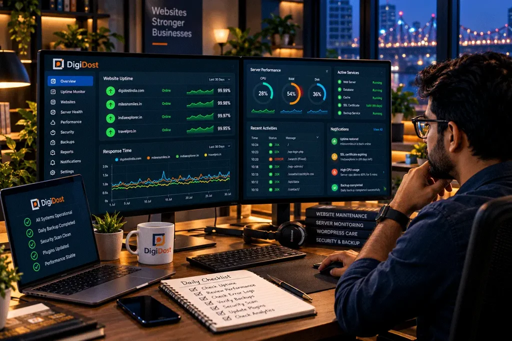 Indian website administrator monitoring website uptime and server performance on computer screens