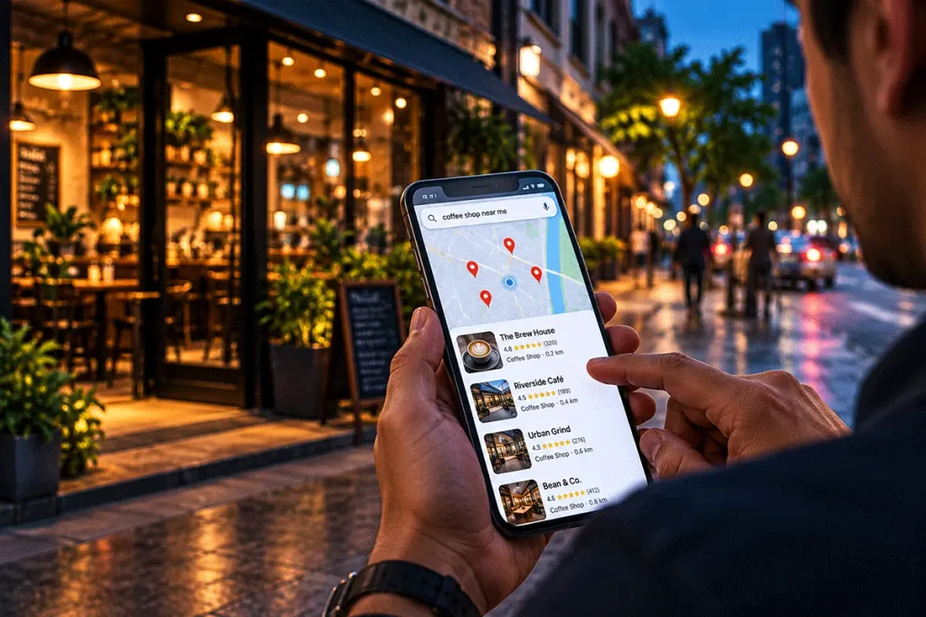 Person searching for nearby local businesses on a smartphone using Google Maps