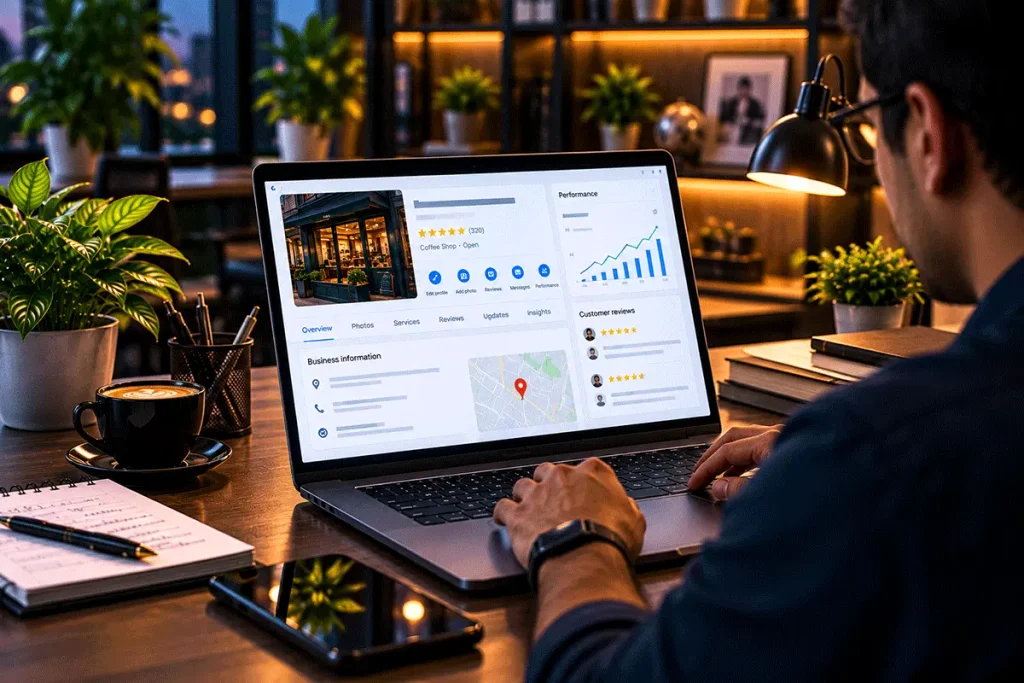 Small business owner managing Google Business Profile, customer reviews and performance from a laptop
