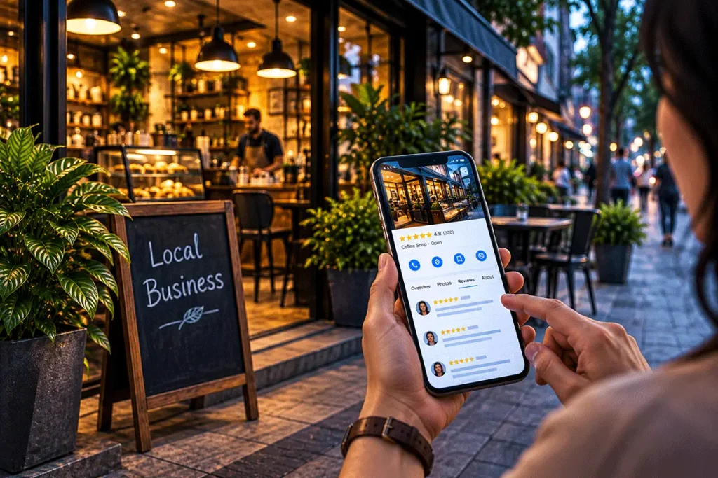 Customer viewing local business photos, ratings and reviews on a smartphone outside a cafe