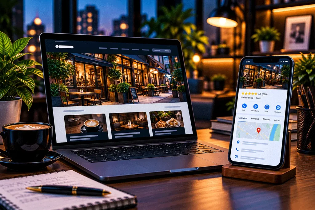 Business website on a laptop alongside a smartphone displaying local business search results
