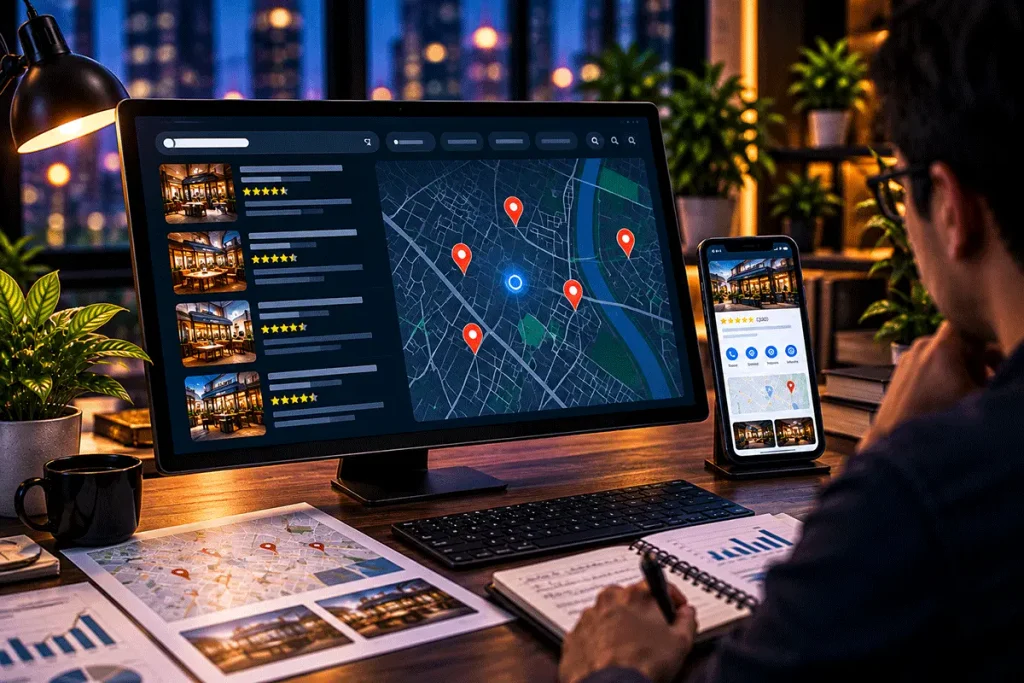 Local SEO dashboard displaying business listings, map locations, customer ratings and online visibility
