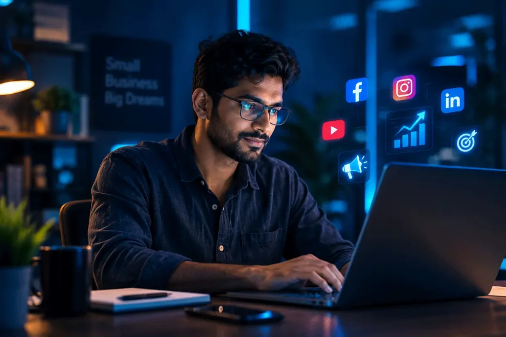Indian small business owner managing social media marketing and online business promotion independently using a laptop