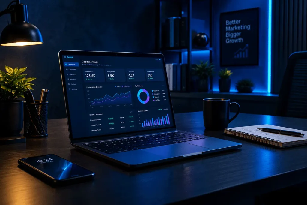 Digital marketing budget planning workspace featuring a laptop, calculator, financial spreadsheet and business planning notebook