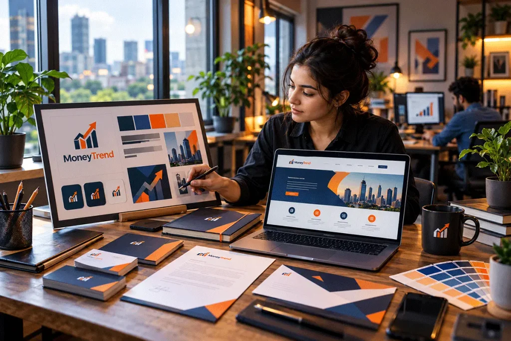 Indian graphic designer reviewing brand colours, typography and logo concepts in a professional design studio