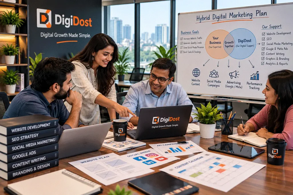 Indian business owner collaborating with digital marketing professionals to plan website content, social media and advertising activities