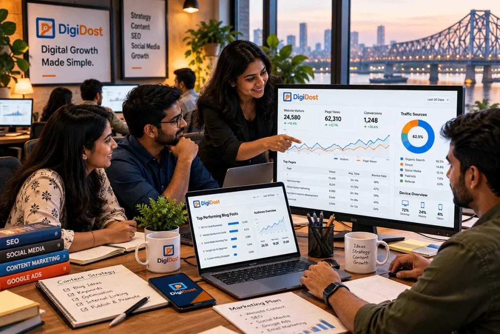 Indian digital marketing team reviewing website content performance and visitor analytics on computer screens