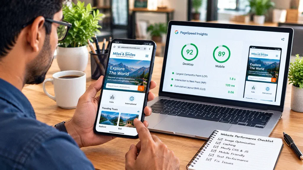 Indian business professional testing mobile website speed and contact form usability.