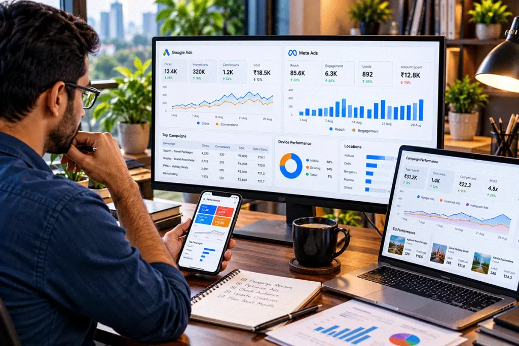 Digital marketing workstation displaying social media advertising campaign analytics and performance reports.