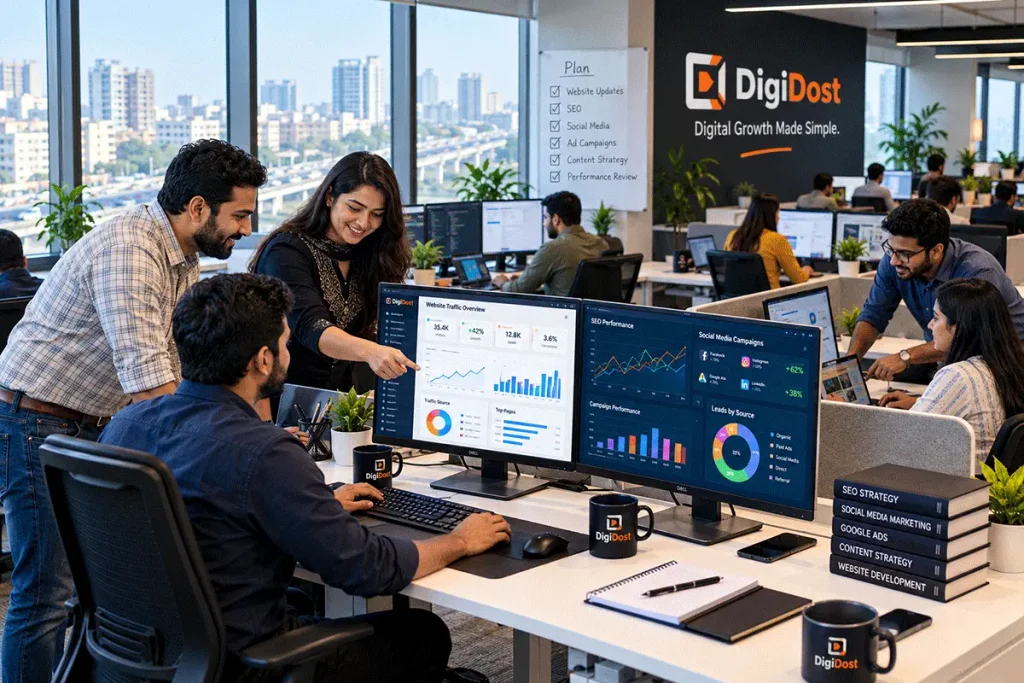 Indian digital marketing agency team collaborating on website development, SEO, social media and advertising campaigns