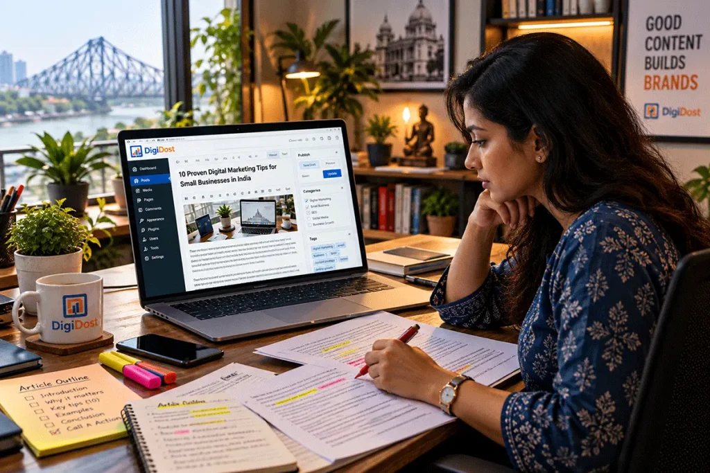 Indian professional content writer reviewing and editing a website article using a laptop and printed notes