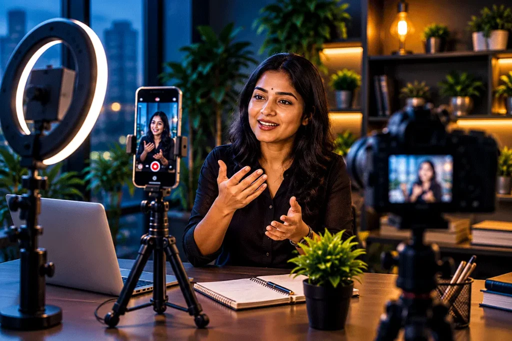 Professional smartphone and camera setup for creating social media Reels and short-form business videos.