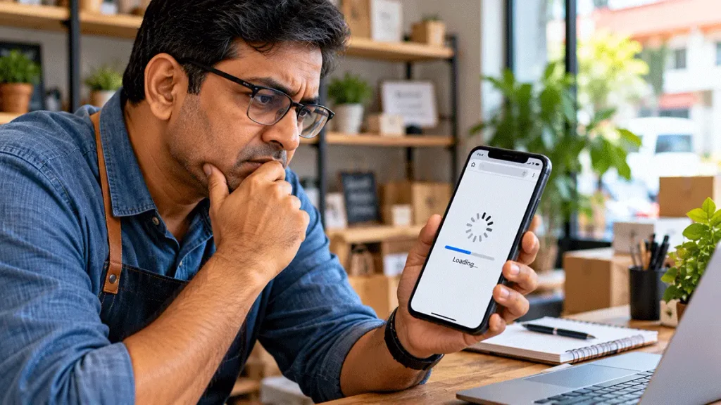 Indian small business owner experiencing a slow-loading website on a smartphone.