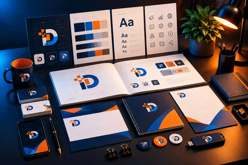 Modern branding workspace displaying logo sketches, colour swatches, typography samples and coordinated business stationery