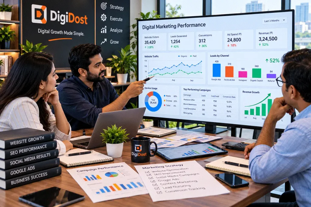 Indian small business owner and digital marketing consultant reviewing campaign performance reports and business marketing results