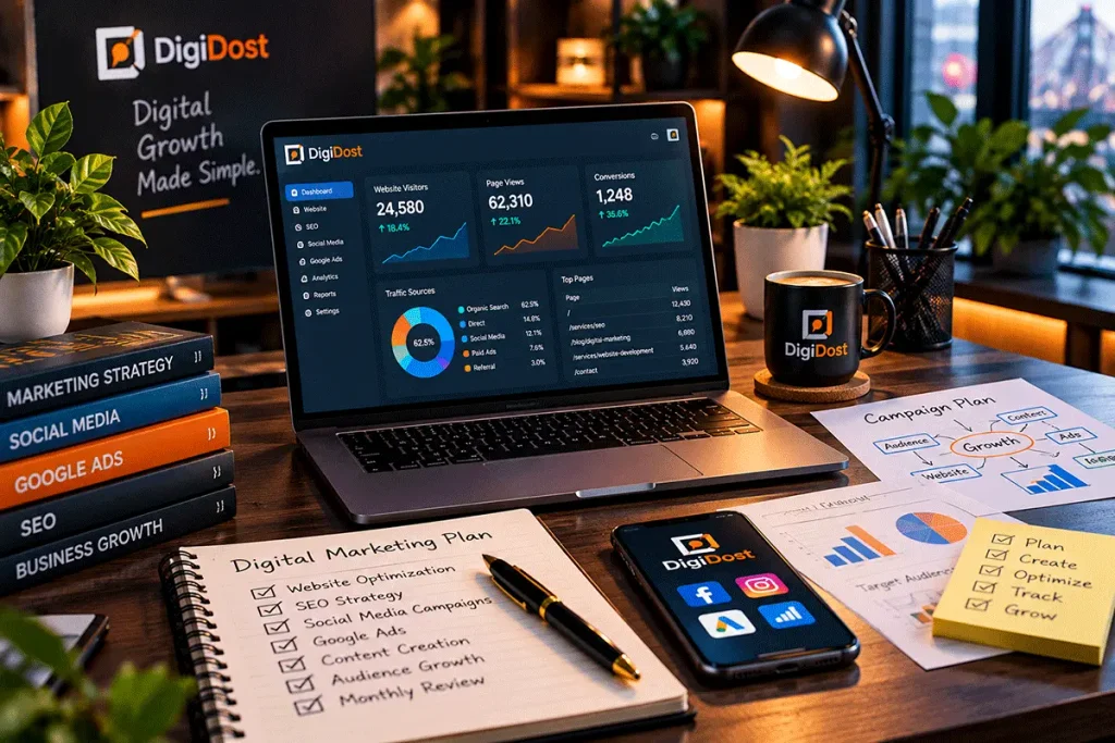 Professional digital marketing workspace with a laptop, smartphone, marketing strategy notebook and campaign planning materials