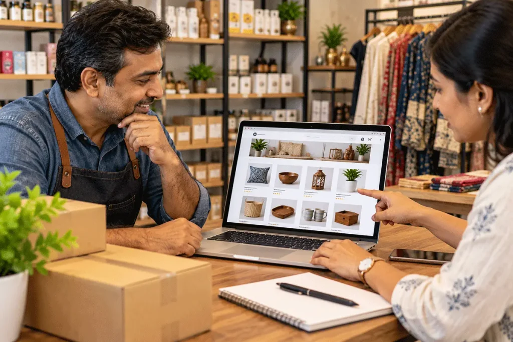 Indian retailer reviewing an e-commerce website for a small business