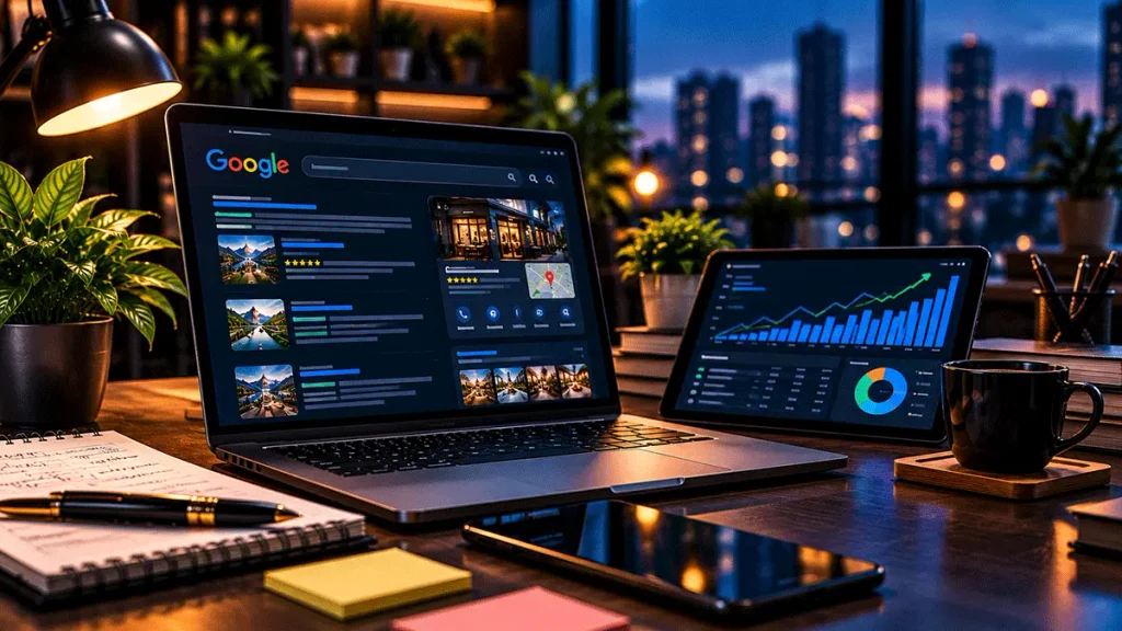 Google search results and website analytics for small business SEO