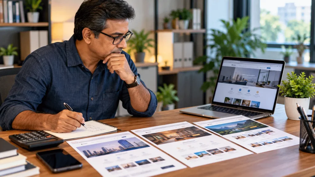 Indian small business owner reviewing website development costs and budget options on a laptop