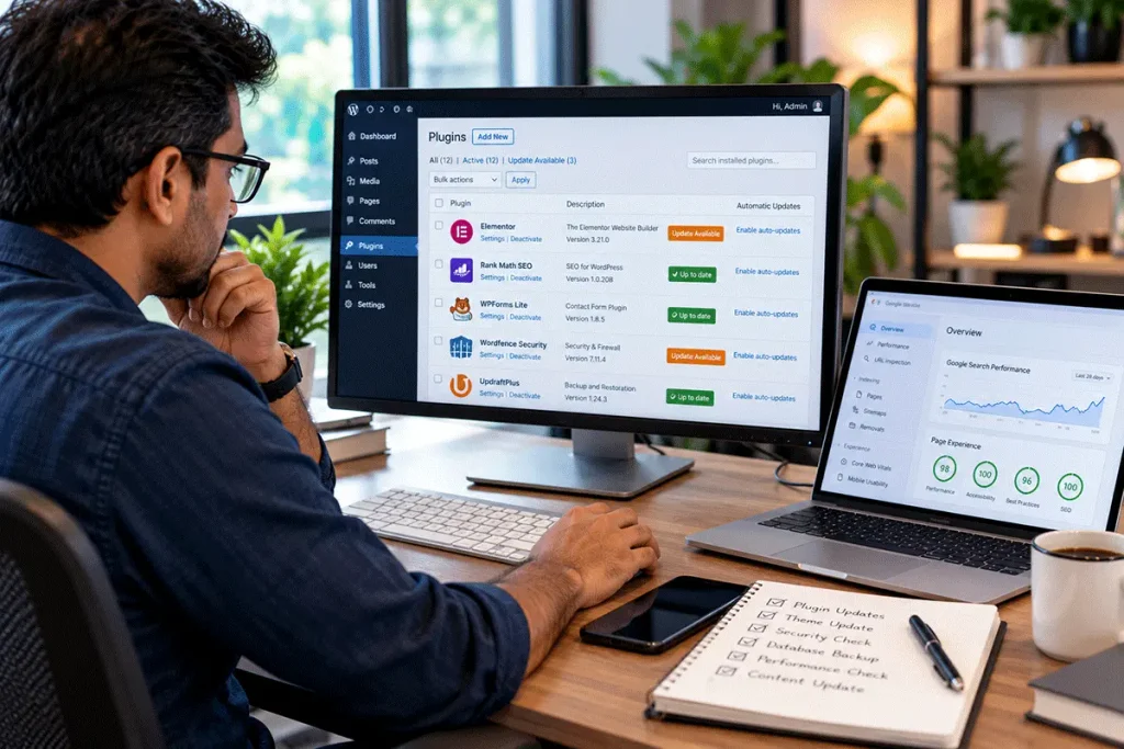 Website professional reviewing WordPress updates, security and website performance