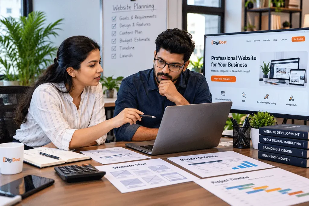 Indian small business owner discussing website development plans and costs with a web developer