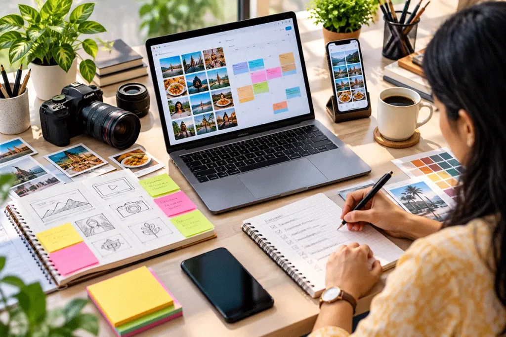 Social media content planning workspace with a laptop, calendar and creative materials for small business marketing.