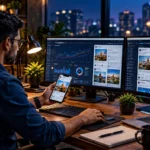 Modern digital marketing workspace with laptop and smartphone displaying social media marketing activities for small businesses.