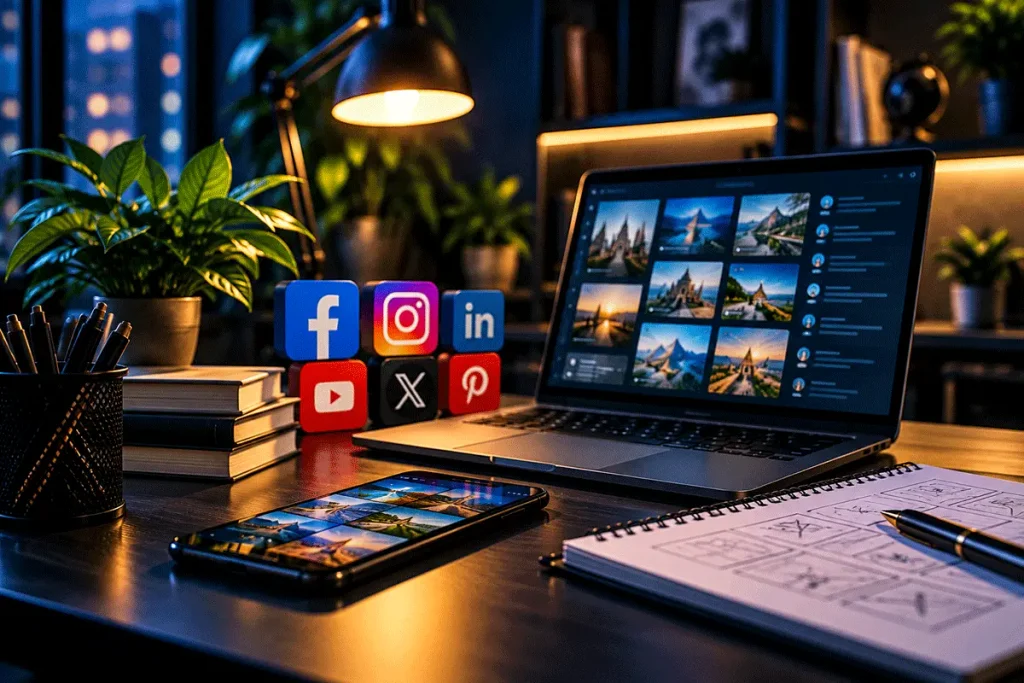 Modern social media marketing workspace featuring a laptop, smartphone, social media platform icons and a content planning notebook.