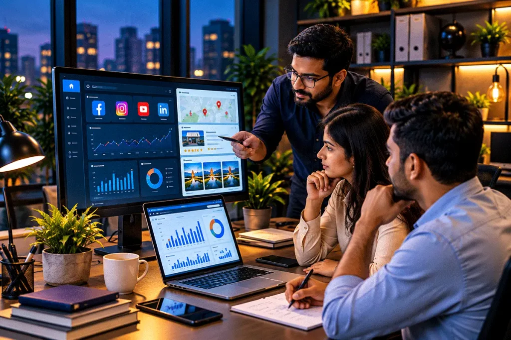 Small business marketing team reviewing social media campaign performance and website analytics on computer screens.