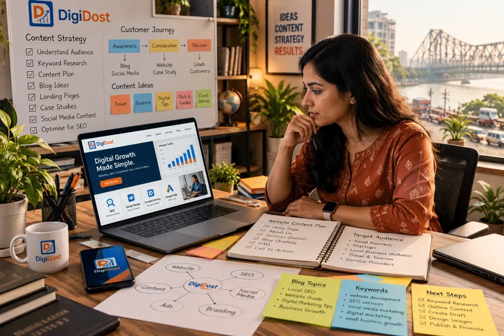 Indian content strategist researching customer needs and planning website content using a laptop and notebook