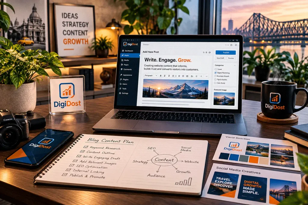 Modern content writer's desk featuring a laptop, open notebook and writing materials in a professional workspace