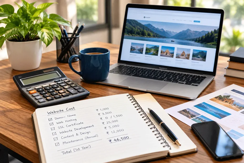 Calculator and laptop used to estimate website domain, hosting and recurring expenses