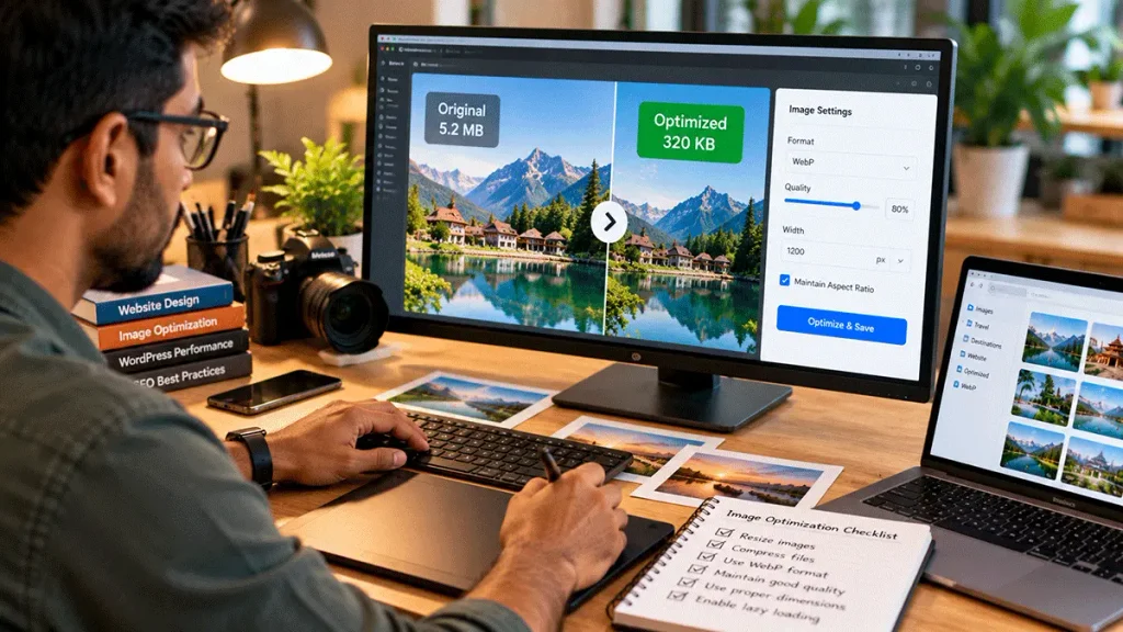 Indian web designer compressing and converting large website photographs into optimised WebP images for faster page loading.