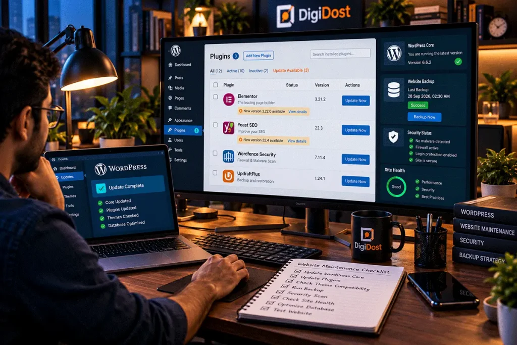 Website maintenance workstation displaying software updates, plugin management and website backup tools